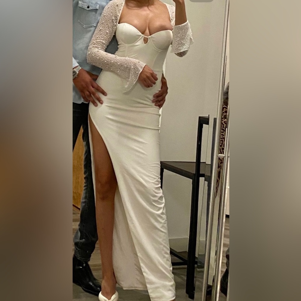 Oh Polly White Dress with embroidered sleeves